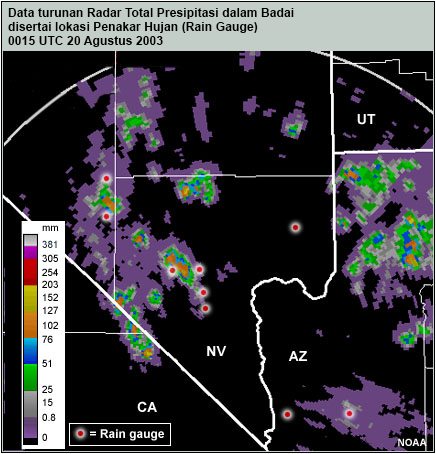 Turunan citra curah hujan (CH) dari radar dan lokasi pos pengamatan yang menyediakan laporan data CH tiap jam di Clark County, Nevada (Wilayah Las Vegas) untuk 19 Agustus 2003