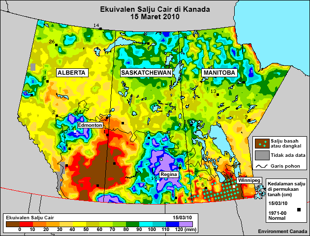 Color-filled contour map of snow water equivalent for Canada on 15 March 2010