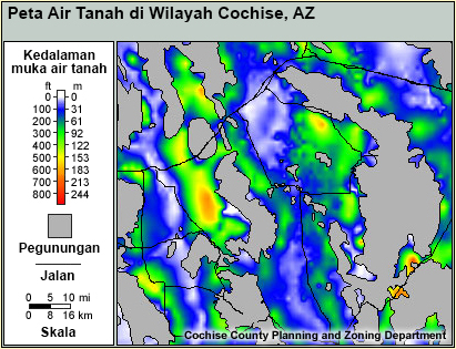 Peta air tanah di Daerah Aliran Sungai (DAS) San Pedro River Basin, Distrik Cochise, AZ